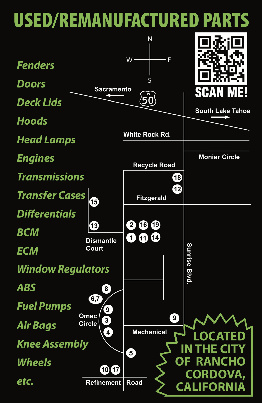 Map of Rancho Cordova auto dismantlers near Sunrise Boulevard, Recycle Road, Dismantle Court, Omec Circle, Mechanical Road, and Refinement Road, with dismantler locations numbered 1 through 19.